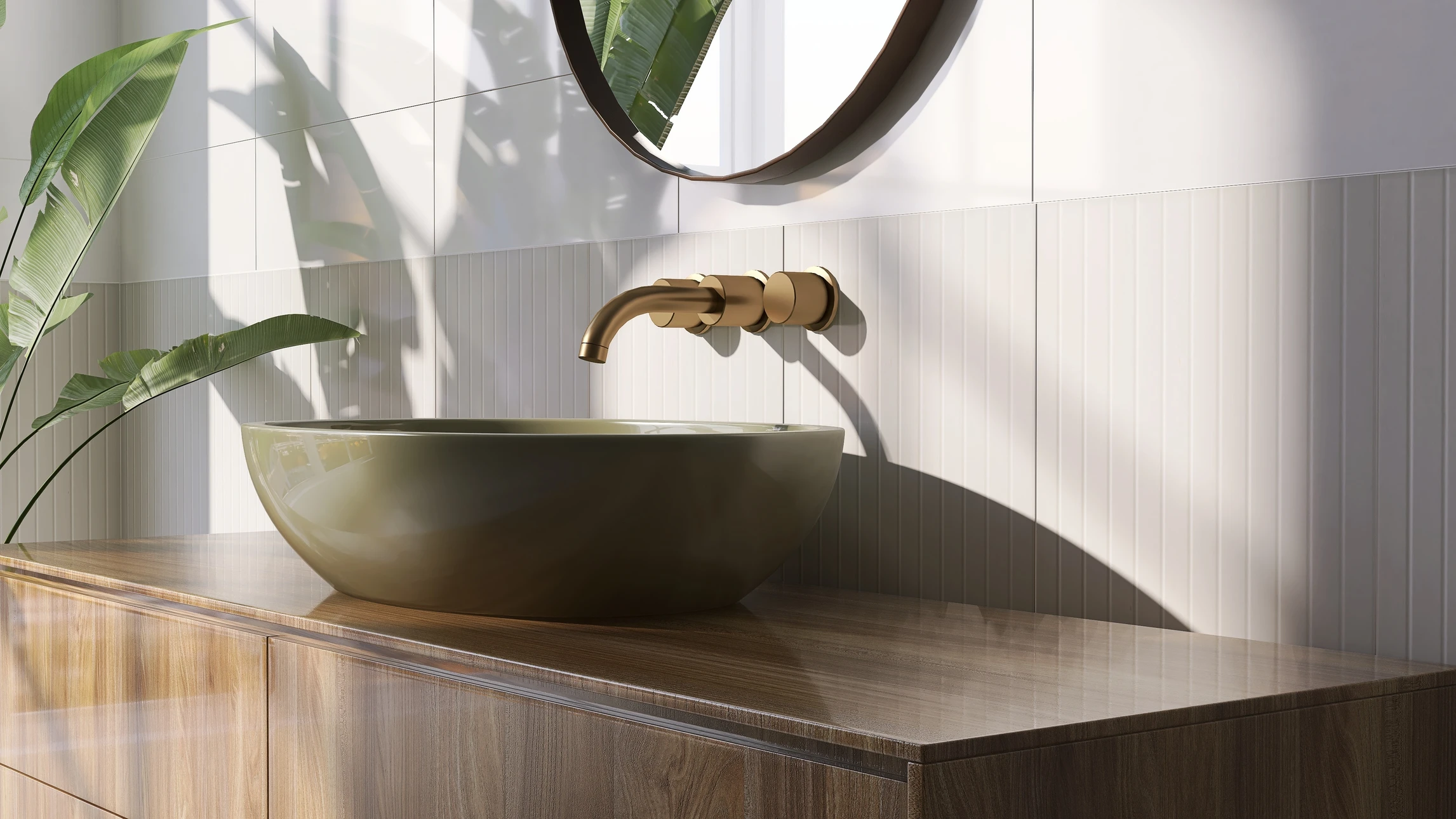 Salle de bain moderne avec vasque à poser en pierre naturelle sur plan de travail en bois