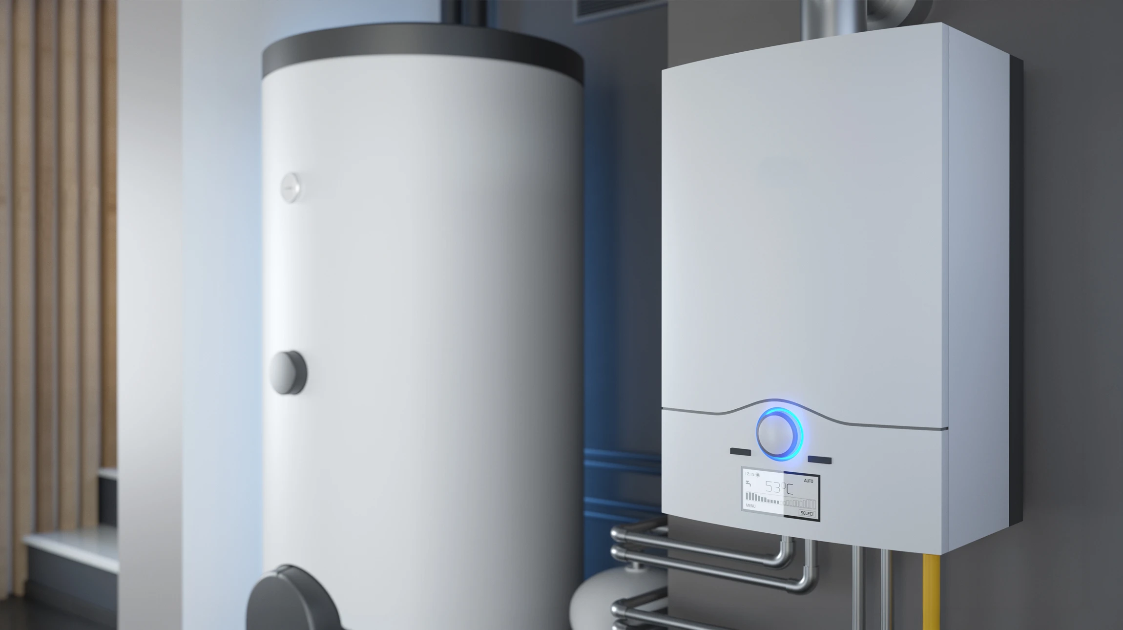 Plombier professionnel travaillant sur une installation de chauffage en intérieur, manipulant des outils sur un système complexe de tuyauterie cuivre et raccords